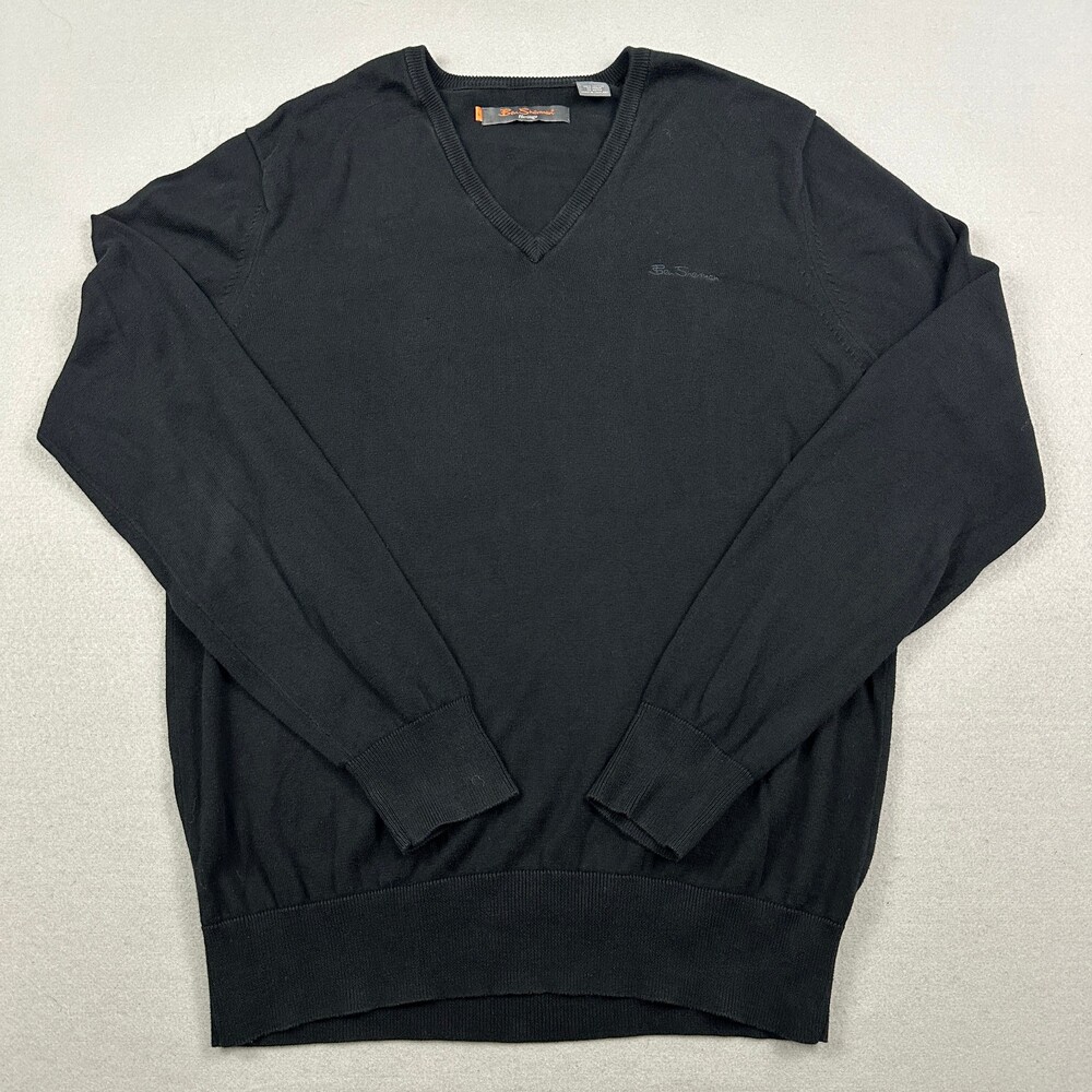 Ben Sherman Sweater Men Large Black Solid Heritage V-Neck Pullover Knitwear L
